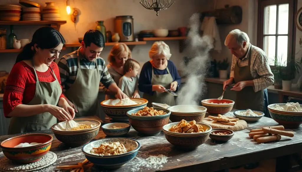 Familias españolas preparando polvorones