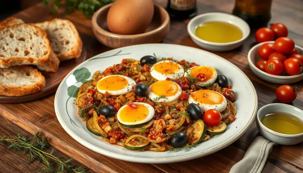 Zarangollo con acompañamientos mediterráneos
