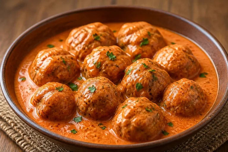 Albóndigas en salsa cremosa servidas en un plato con hierbas frescas.