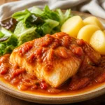 Bacalao a la Vizcaína Cremoso servido en un plato con salsa roja
