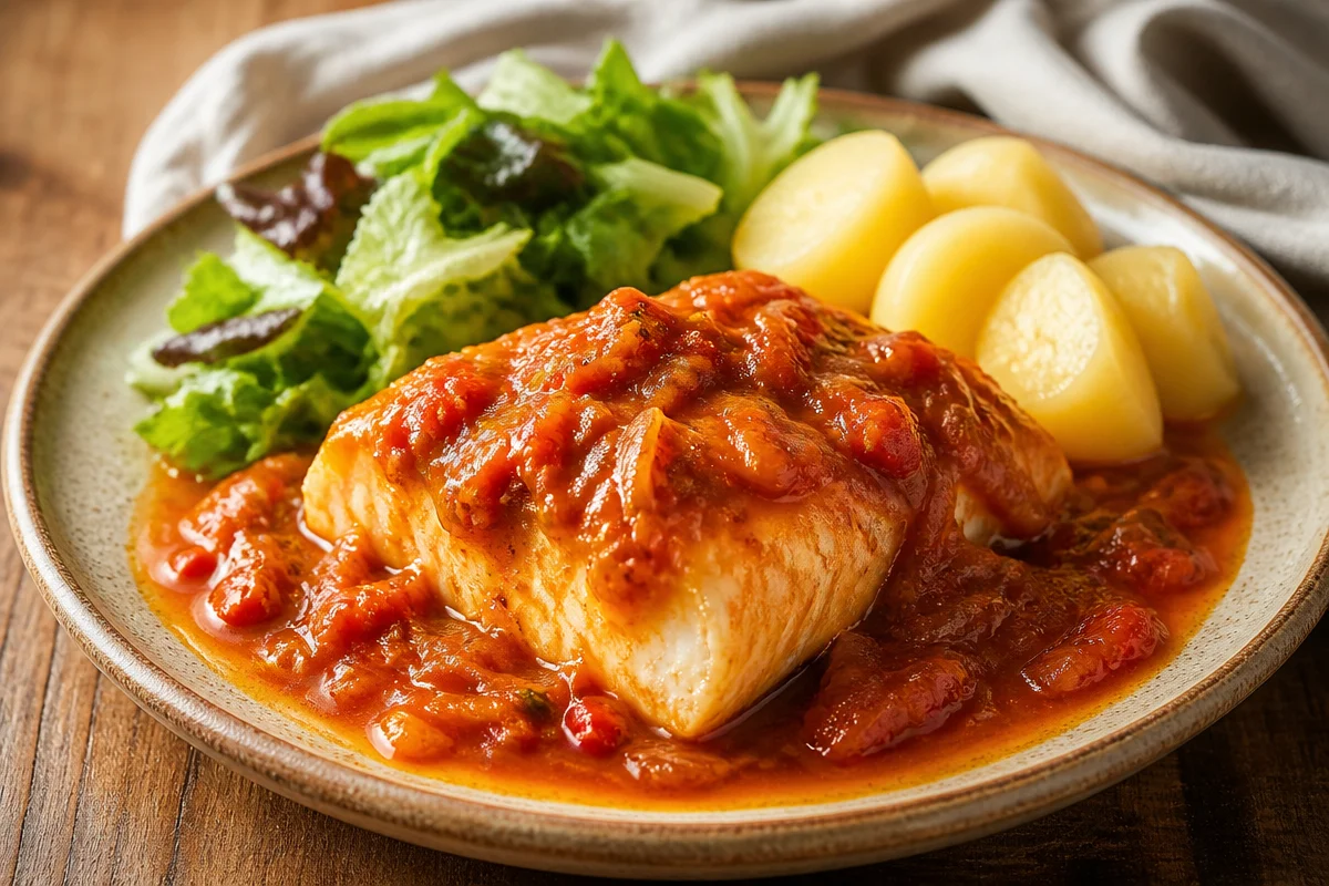 Bacalao a la Vizcaína Cremoso servido en un plato con salsa roja