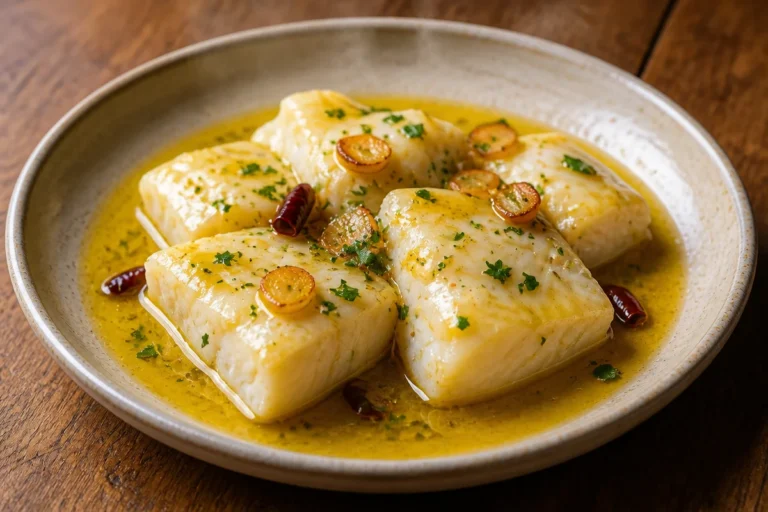 Bacalao al Pil Pil Cremoso servido en un plato elegante con salsita blanca