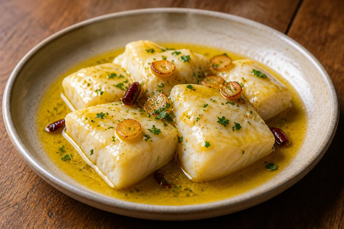 Bacalao al Pil Pil Cremoso servido en un plato elegante con salsita blanca