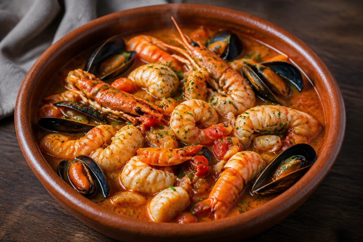Plato de caldereta de mariscos sabrosa con ingredientes frescos.