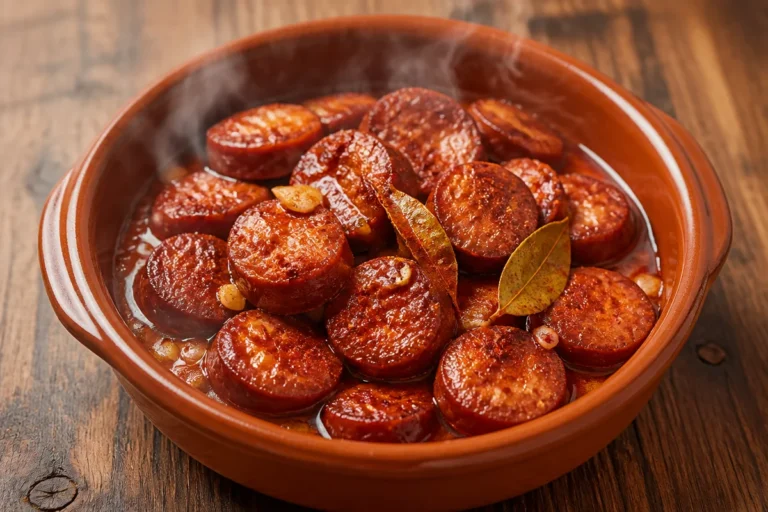 Chorizo a la sidra crujiente servido en un plato con guarnición.