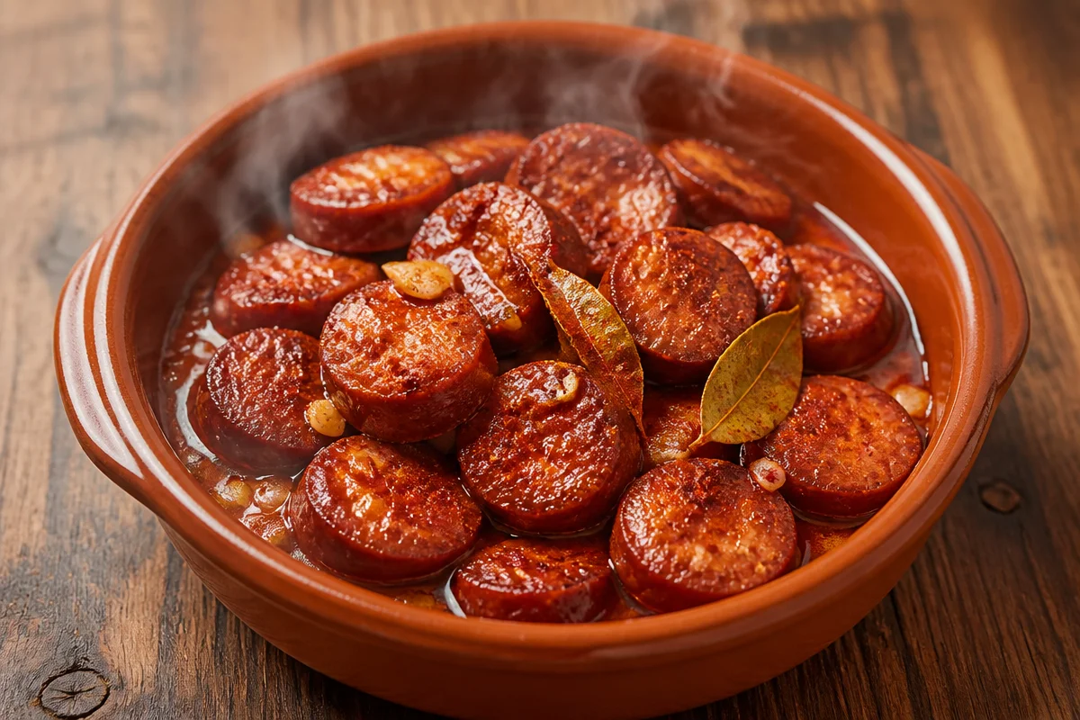 Chorizo a la sidra crujiente servido en un plato con guarnición.
