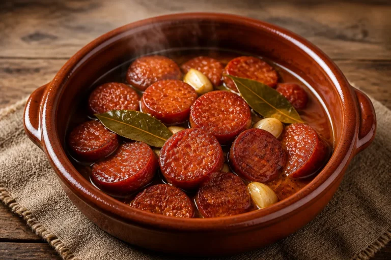 Plato de chorizo a la sidra jugoso sobre una superficie de madera