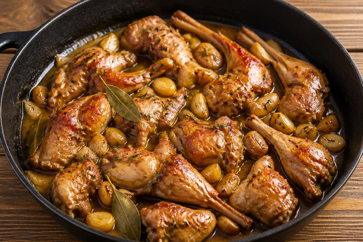 Plato de Conejo al Ajillo Crujiente servido con guarnición