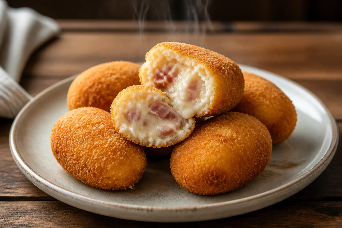 Crujientes croquetas de jamón recién hechas en un plato.