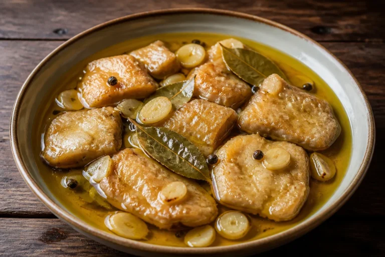 Plato de escabeche de pescado preparado con vegetales y especias