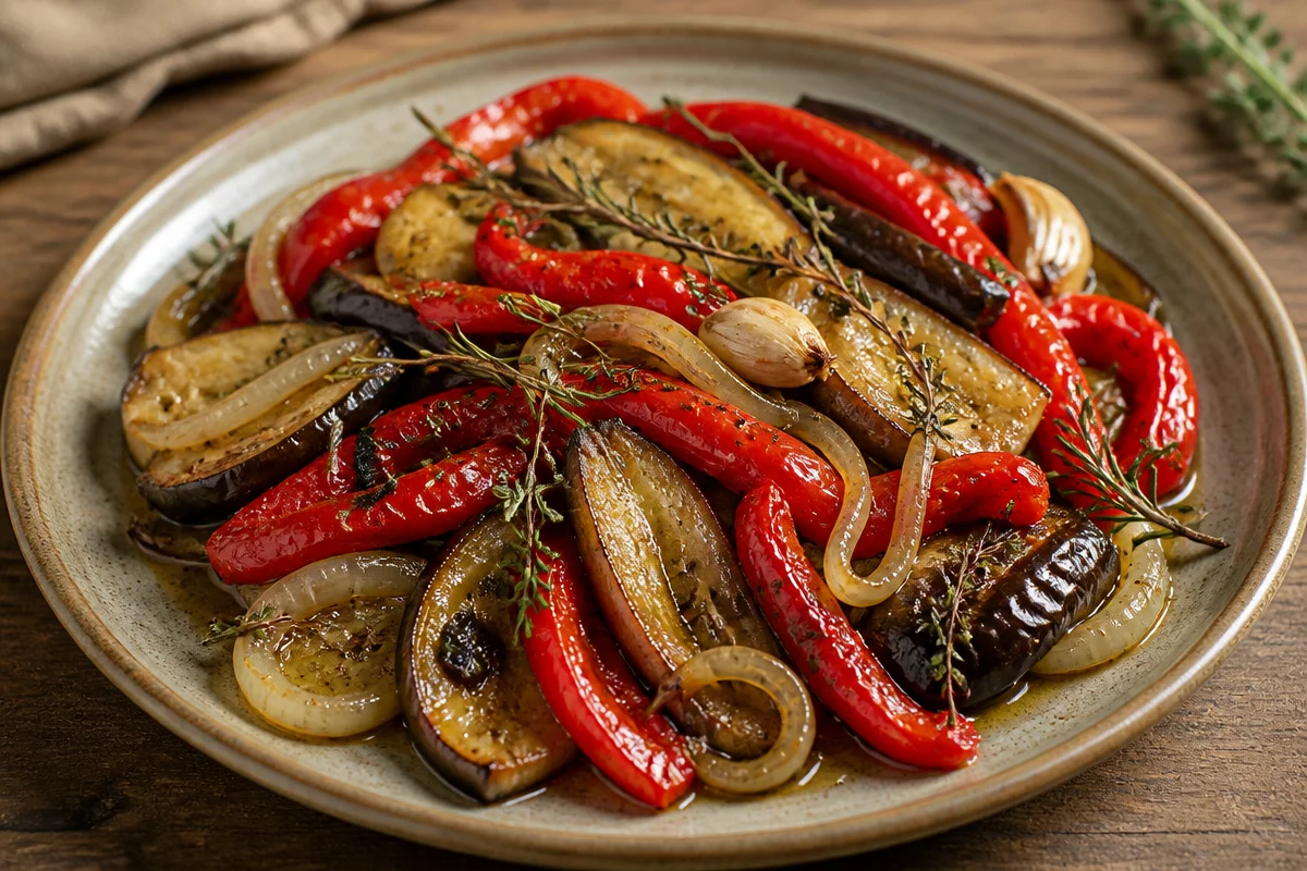 Plato de escalivada con verduras asadas y aliños frescos