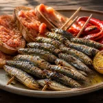 Espetos de sardinas crujientes cocinados al estilo tradicional en la costa.