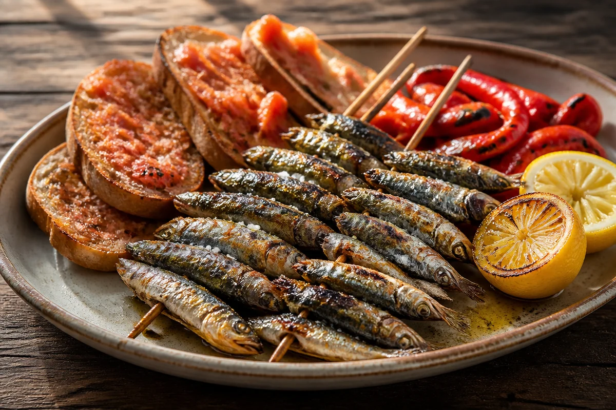 Espetos de sardinas crujientes cocinados al estilo tradicional en la costa.