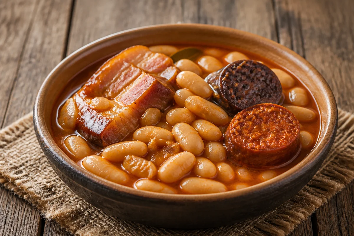 Un plato de Fabada Asturiana, un guiso tradicional español con fabes y chorizo.