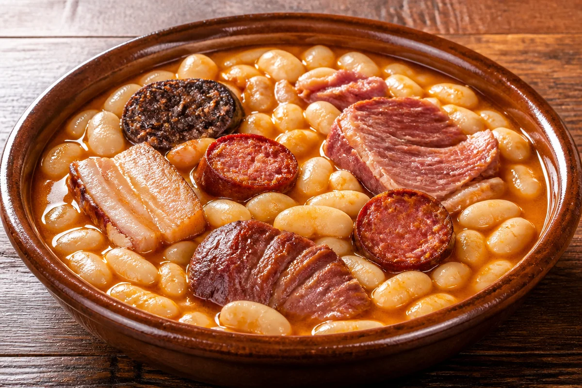 Plato de Fabada Asturiana con chorizo, morcilla y frijoles en un tazón.