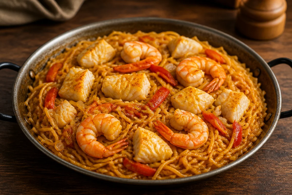 Plato de fideuà con mariscos y fideos dorados en una paellera