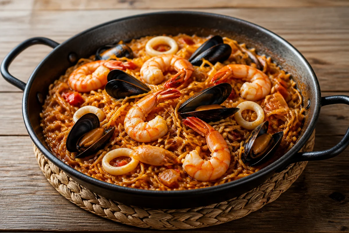 Plato de fideuà con mariscos y especias en una cocción tradicional española.