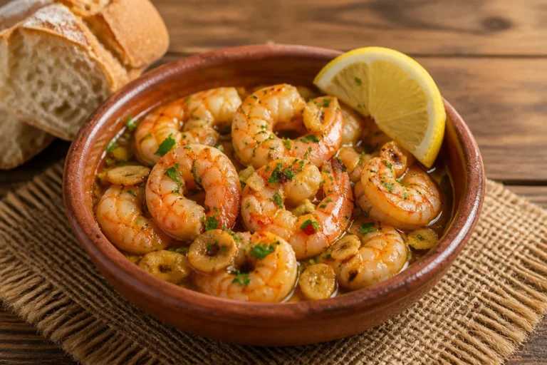 Gambas al Ajillo Crujientes servidas en un plato con ajo y perejil