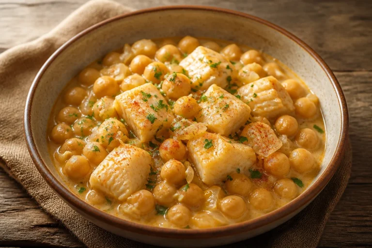 Plato de garbanzos con bacalao cremoso, un delicioso guiso tradicional.