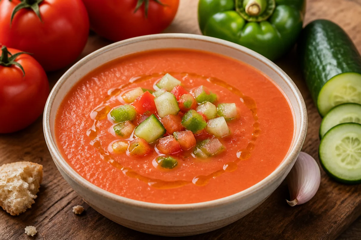 Tazón de Gazpacho Andaluz fresco y colorido con verduras