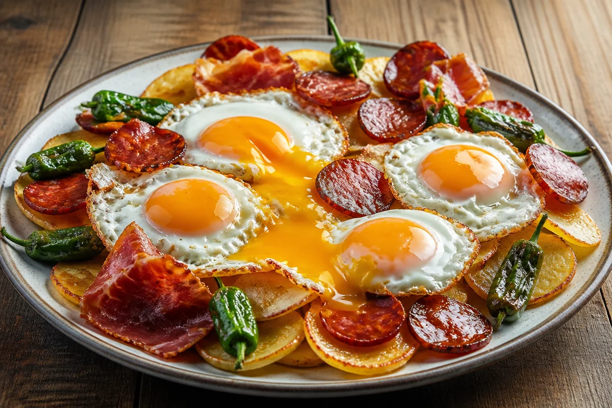 Plato de huevos rotos con patatas y jamón en una mesa de restaurante español.