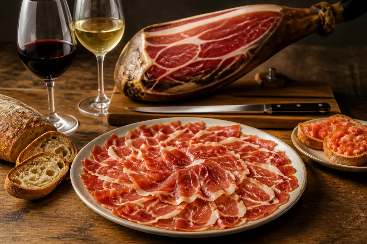 Plato de Jamón Ibérico cortado en finas lonchas, típico de la gastronomía española.