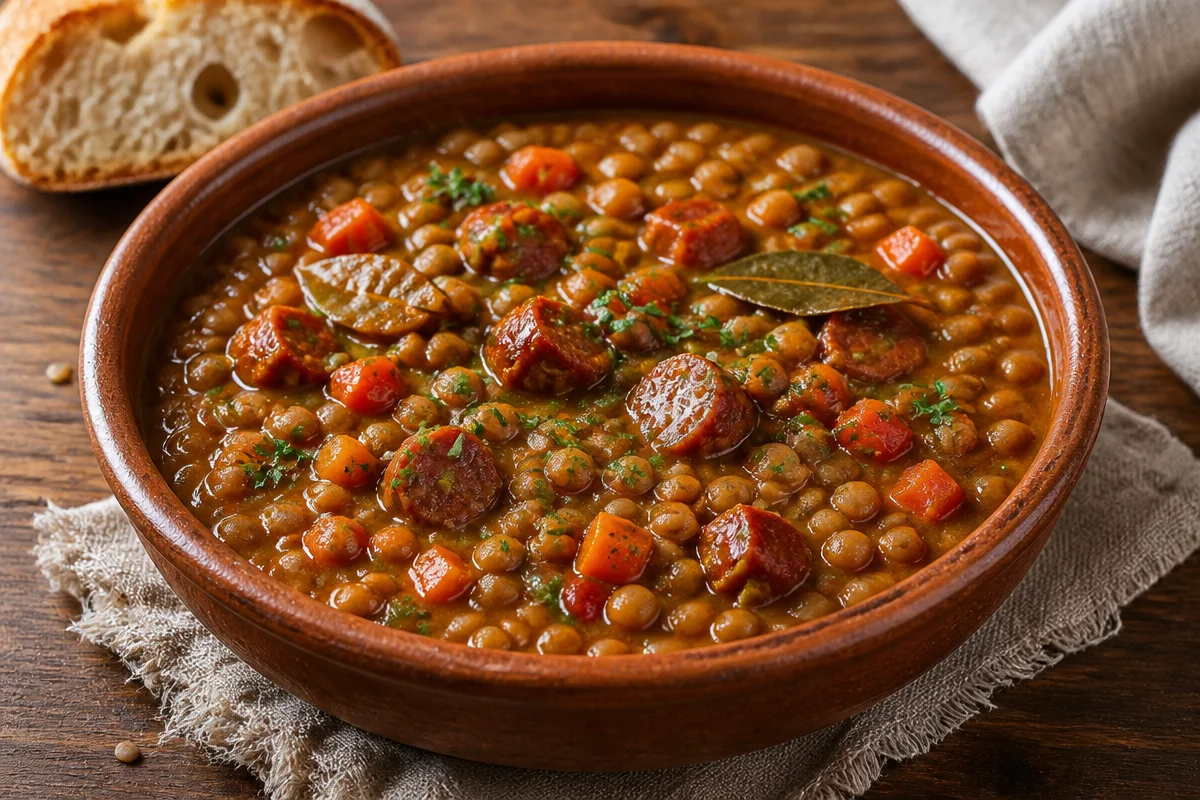 Plato de Lentejas con Chorizo Cremosas, delicioso y nutritivo