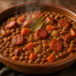 Lentejas cremosas con chorizo servidas en un plato hondo