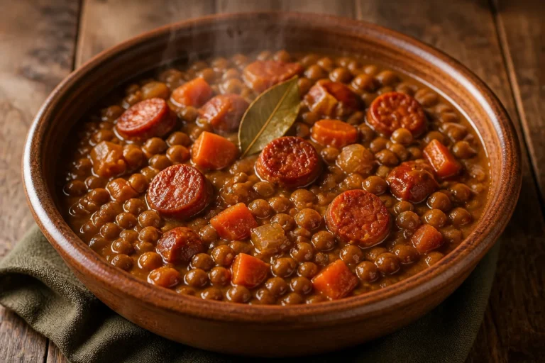 Lentejas cremosas con chorizo servidas en un plato hondo