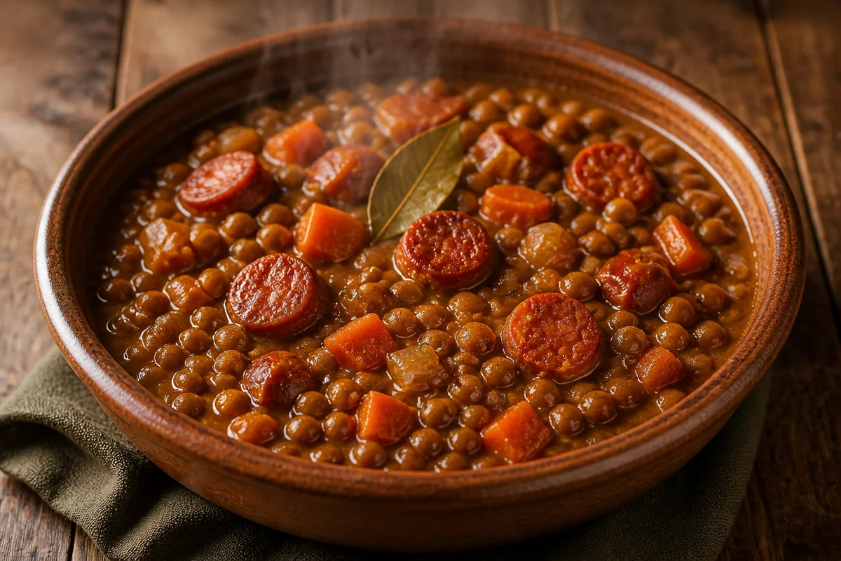 Lentejas cremosas con chorizo servidas en un plato hondo