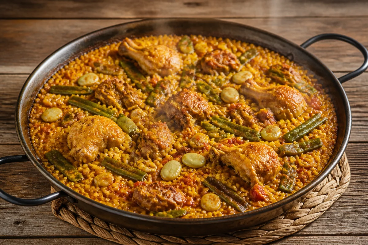 Plato de Paella Valenciana con mariscos y verduras frescas
