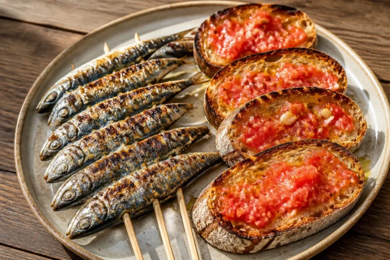 Plato de Pan Tumaca con Espetos de Sardinas Crujientes, deliciosa tapa española.