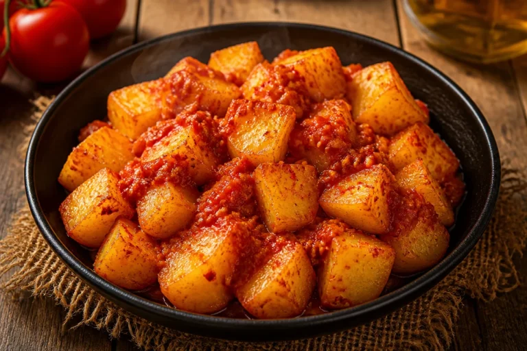 Patatas Bravas con salsa picante en un plato tradicional español