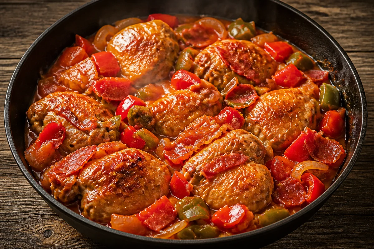 Plato de Pollo al Chilindrón Jugoso con pimientos y salsa tradicional