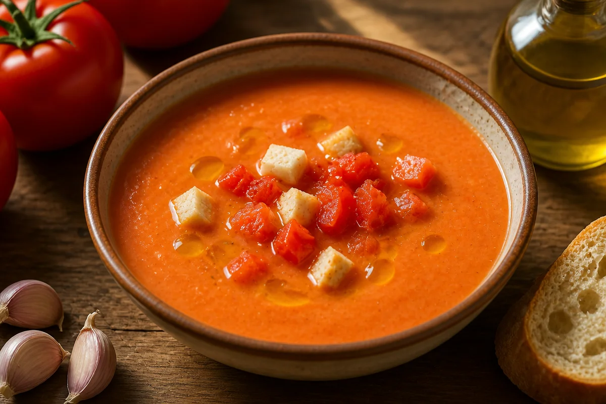 Plato de salmorejo, sopa fría española con tomate y pan.