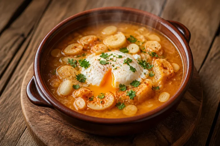Tazón de Sopa de Ajo caliente con pan y ajo fresco