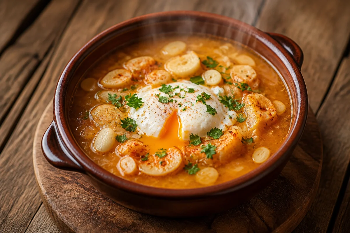 Tazón de Sopa de Ajo caliente con pan y ajo fresco