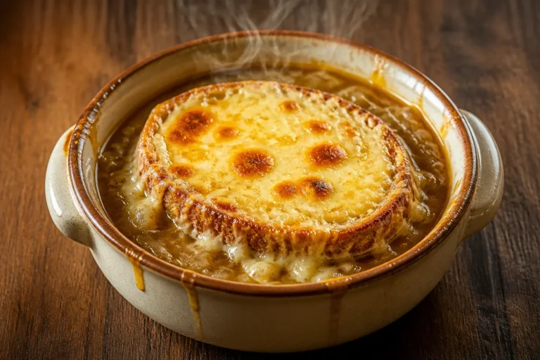 Deliciosa Sopa de Cebolla servida en un tazón, perfecta para un día frío.