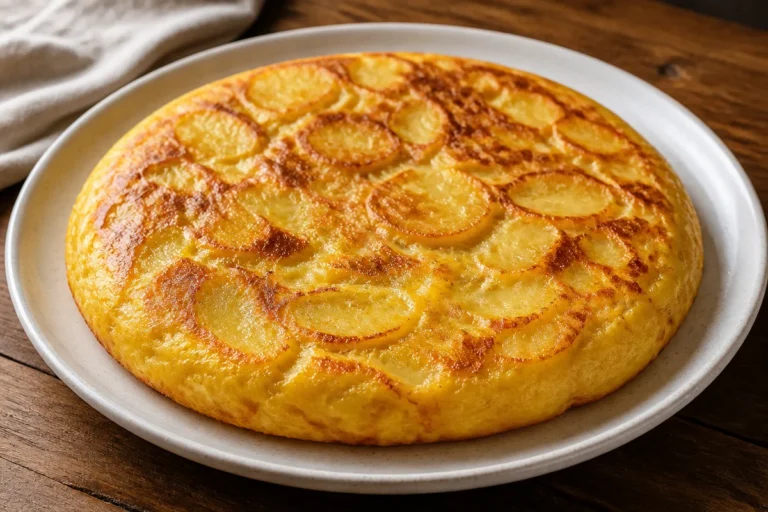 Tortilla española cremosa de patatas recién hecha y lista para servir.