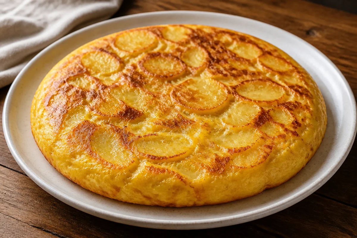 Tortilla española cremosa de patatas recién hecha y lista para servir.