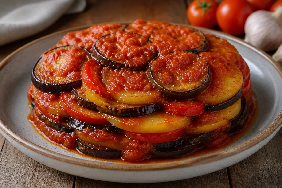 Tumbet Mallorquín Crujiente de Verduras, plato tradicional mallorquín lleno de sabor.
