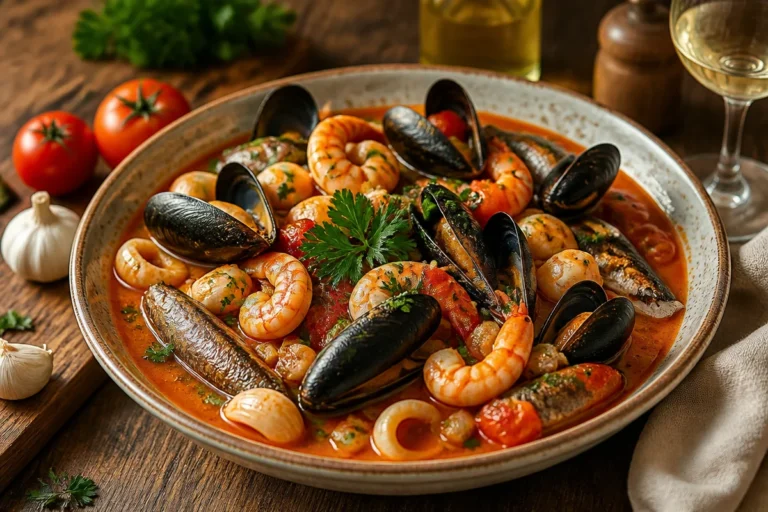 Zarzuela de Mariscos Cremosa, plato exquisito de mariscos en salsa