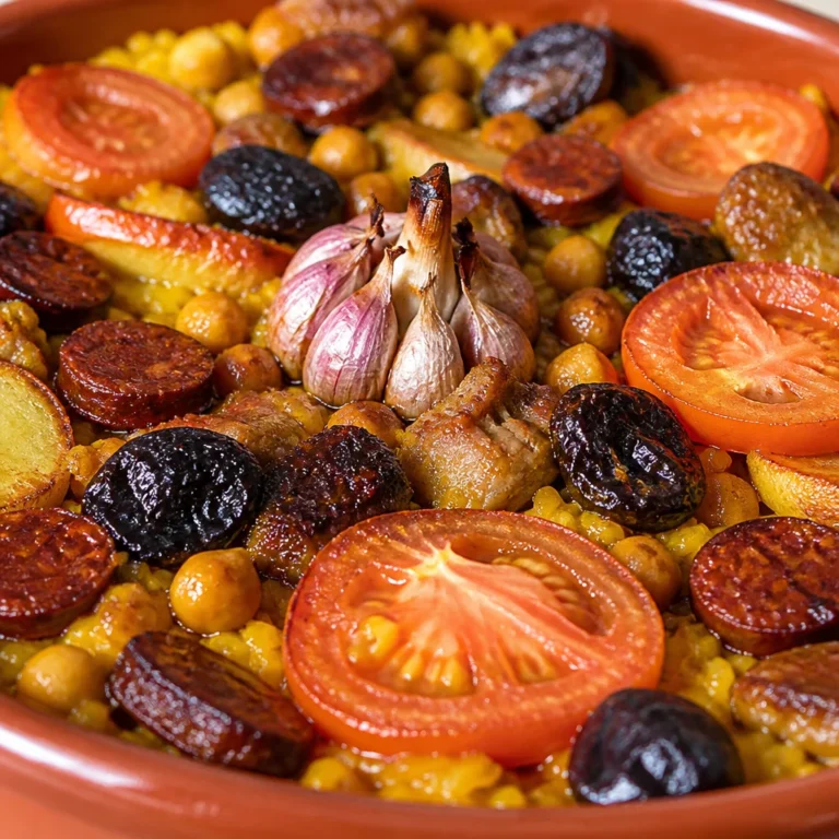 Dish of traditional Arroz al Horno Valenciano ready to serve, showcasing rich ingredients.