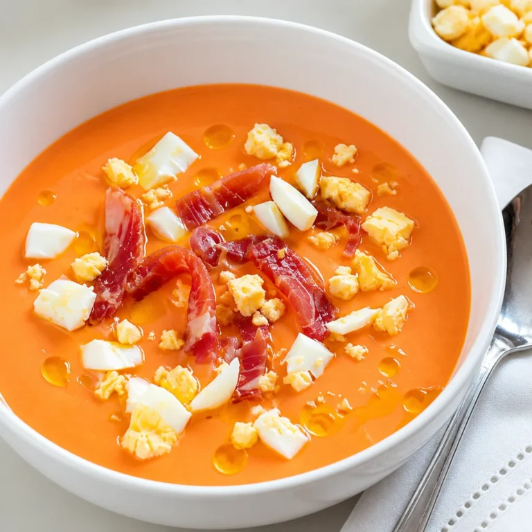 Delicious bowl of Salmorejo Cordobés Cremoso y Fresco garnished with fresh toppings