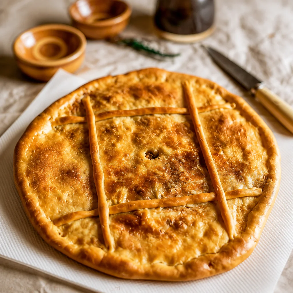 Homemade Empanada Gallega de Atún with dough, tuna, peppers, and tomatoes.