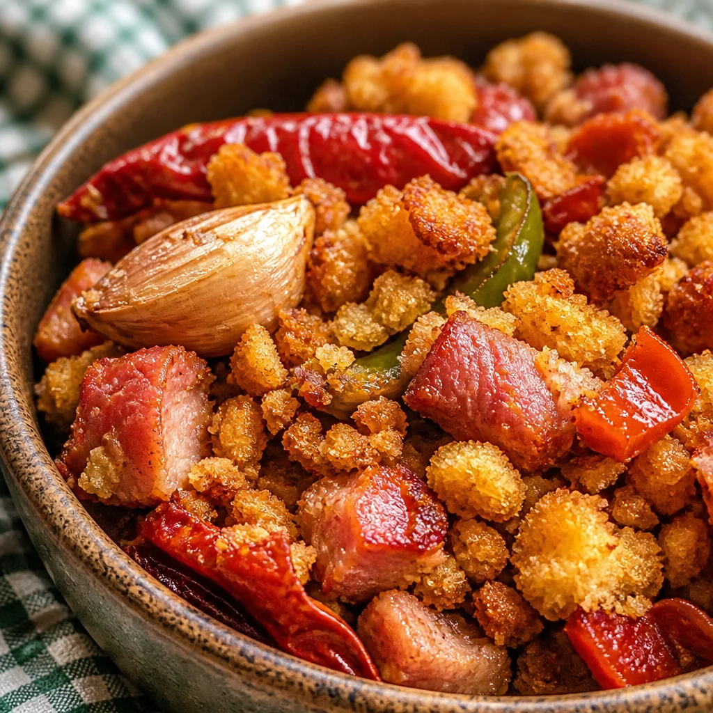 Delicious Migas Extremeñas con Chorizo for breakfast, made with garlic and crispy bread.