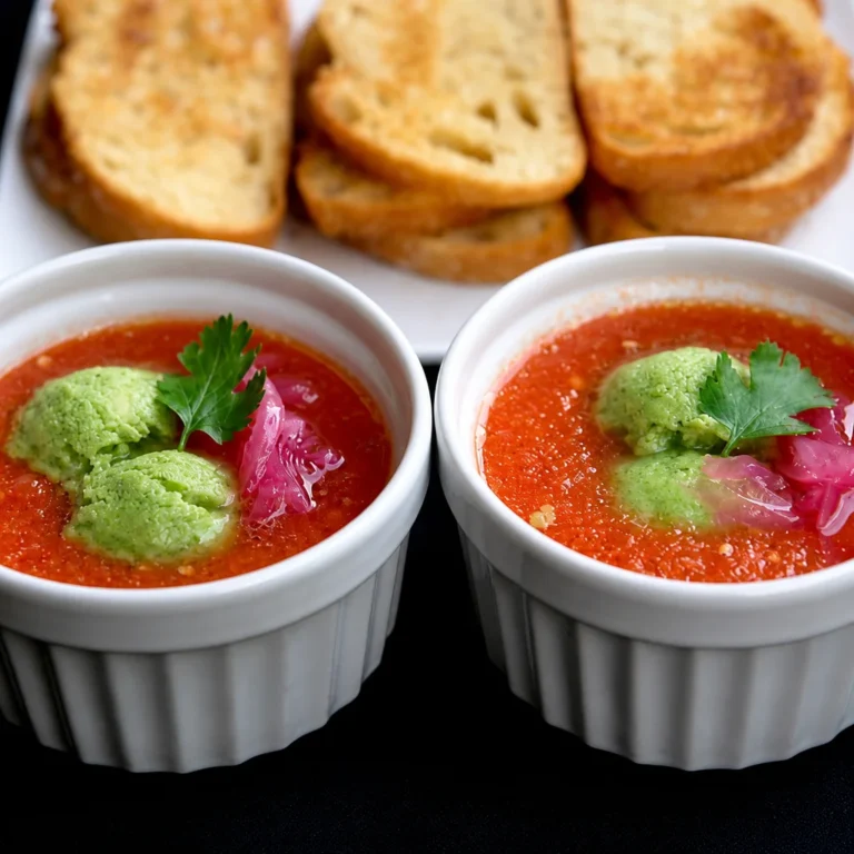 Refreshing Gazpacho Andaluz served cold, made with fresh tomatoes and vegetables.