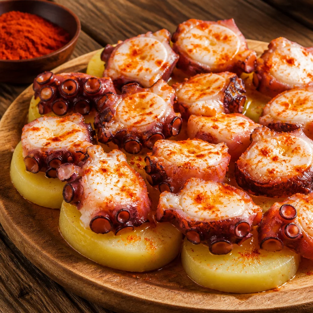 Delicious Pulpo a la Gallega con Pimentón y Aceite served with potatoes.