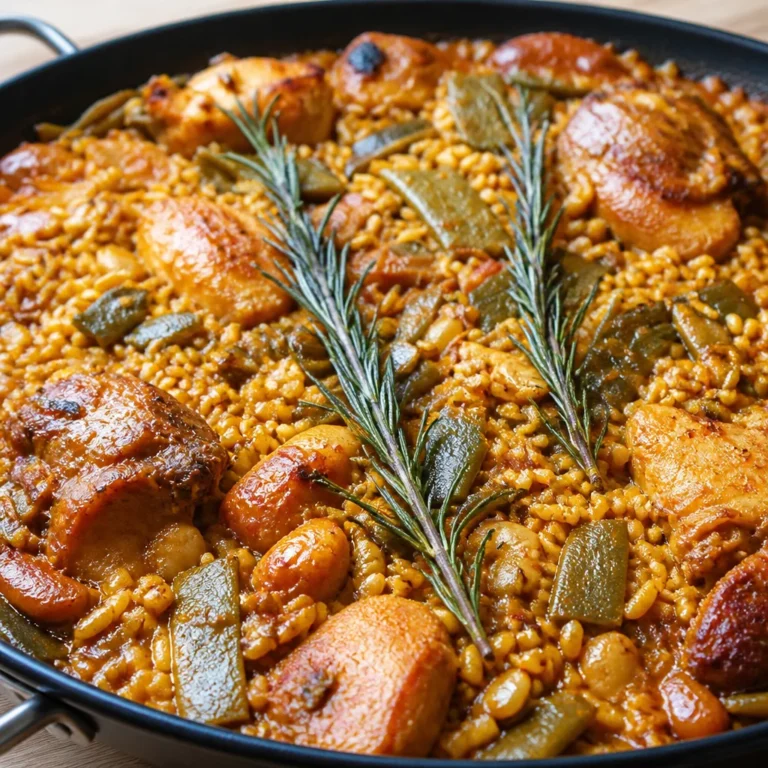 Authentic Paella Valenciana with chicken and rabbit, a traditional Spanish dish.