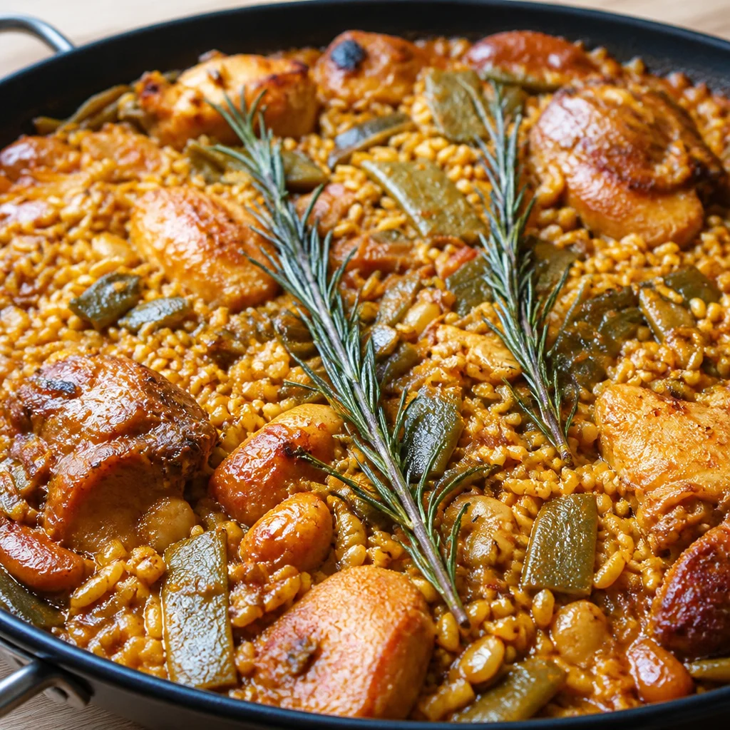 Authentic Paella Valenciana with chicken and rabbit, a traditional Spanish dish.